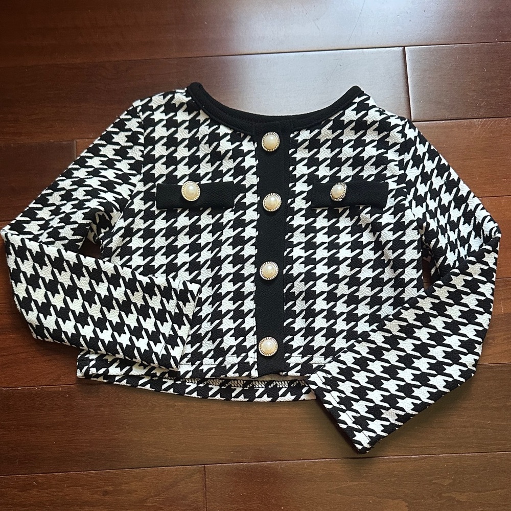 Girls' Black & White Houndstooth Knit Jacket